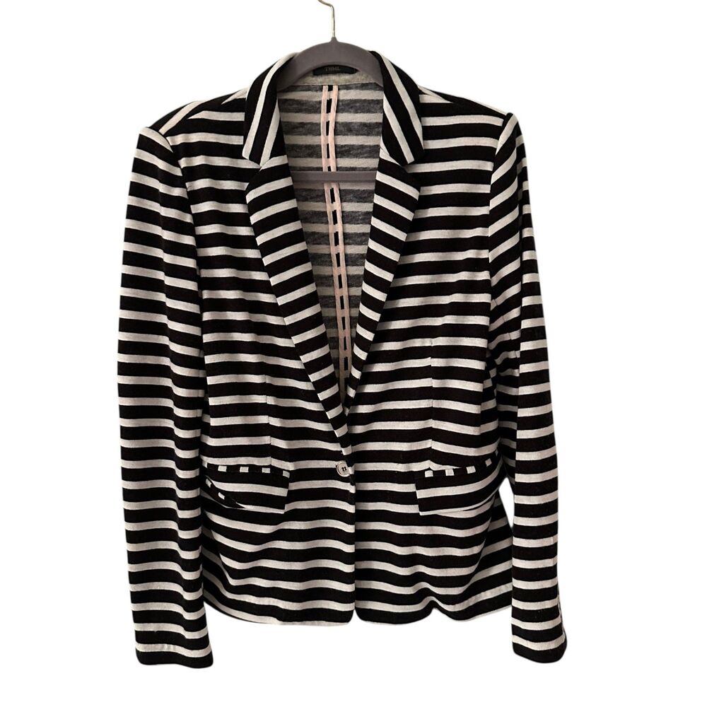 THML Black and White‎ Striped V-Neck Single Button Blazer Elbow Patches Size M